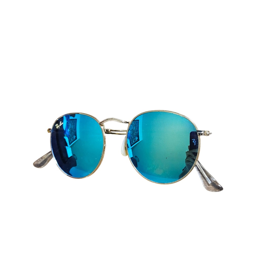 Ray-Ban Round Flash Blue Polarized Sunglasses Matte Gold Retro Travel RB3447
